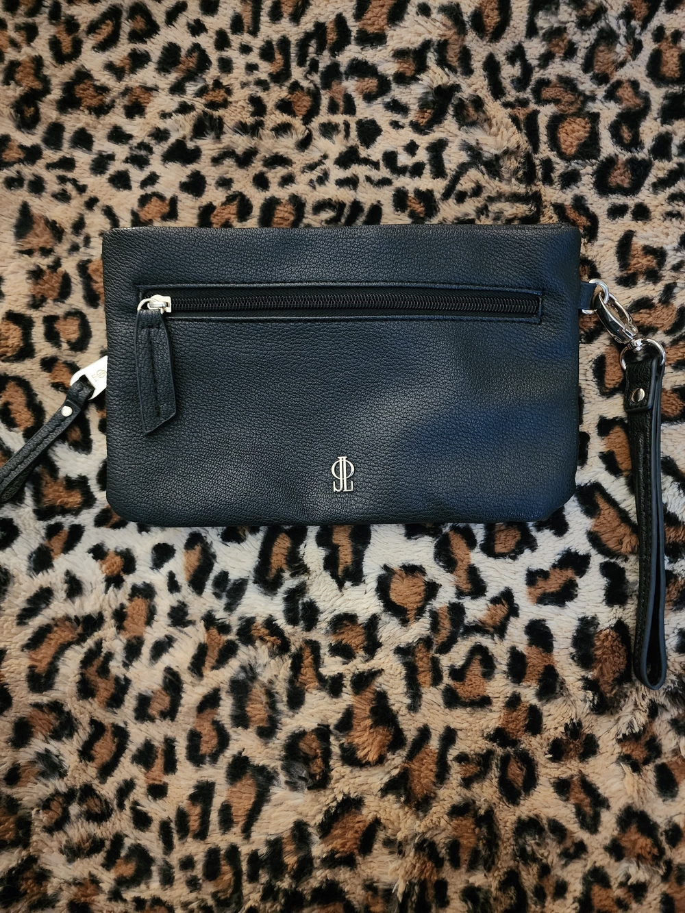 JLo Black Leather Wristlet Clutch with Silver Logo